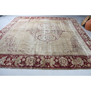 Vintage Oversize Rug 11.1x11.4 ft, Red <b>Brown</b> Striped Rug <b>Wool</b> - Product Image 4