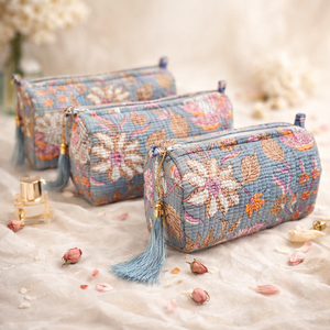 Bohemian Quilted Floral <b>Toiletry</b> Pouch Set - Handcrafted Cotton Cosmetic Travel <b>Bags</b> - Product Image 1