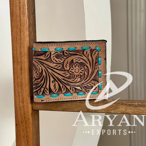 ใหม่ดอกไม้มือเครื่องมือกระเป๋าสตางค์หนังแฮนด์เมดบัตรเครดิตกระเป๋าสตางค์สองพับมือเย็บหนังแท้กระเป๋าสตางค์ผู้ชายตะวันตก - Product Image 1