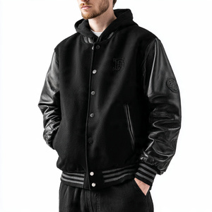 Veste universitaire en cuir pour homme, col rond, boutonnée, veste universitaire de baseball pour homme, 100% laine, vestes universitaires noires pour homme - Product Image 4