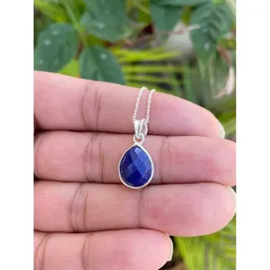 925 <b>Silver</b> Pear Lapis Lazuli Pendant <b>Necklace</b> with Bezel Setting Inlay Technology - Product Image 3