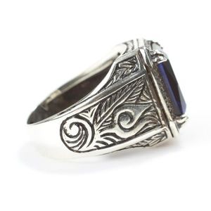 925 Sterling <b>Silver</b> Rectangular Sapphire Stone Men's Statement <b>Ring</b> <b>Emerald</b> Cut Bezel Setting Everyday Wear Princess Cut Diamond - Product Image 3