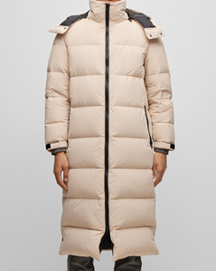 Veste chaude pour femme avec rayures, veste matelassée en duvet, manteau d'hiver à capuche, fente latérale avec élastique au bas incurvé, doudoune - Product Image 5