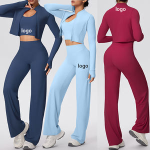 Conjunto Deportivo de Tres Piezas para Mujer, Color Sólido, Top Halter Ajustado, Pantalones Largos Anchos, para Correr, Fitness, Yoga - Product Image 1