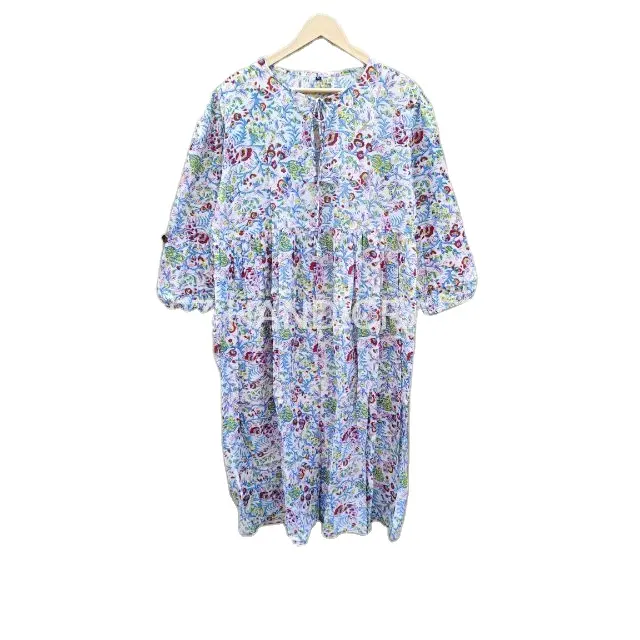 Bloco Floral Indiano Imprimir Vestido Longo De Algodão Handmade Vestido De Verão Vestido De Desgaste Do Partido Top Túnica Vestido Boho Outfit Das Mulheres de Natal