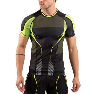 Men's Fitted Sublimation Printed Rash Guard Black <b>Neon</b> Green Moisture Wicking Stretch Breathable MMA Combat Sports Shirt - Product Image 1
