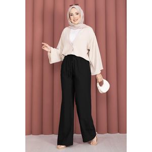 Pantalon large décontracté noir à taille haute élastique, en tissu crêpe respirant, style crayon, technique froissée, délavage coloré - Product Image 3