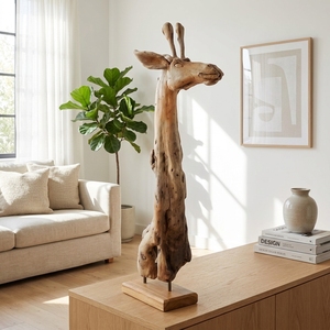 Handcrafted Modern Design <b>Wooden</b> Giraffe Stand Sculpture <b>Rustic</b> Teak Carved Animal Head Figurine Statue Metal Home Decoration - Product Image 2