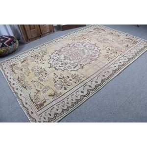 6.1x9.3 ft Vintage Turkish Rug, Large Rug, <b>Brown</b> White Southwestern <b>Wool</b> Rug - Product Image 1