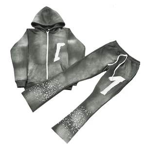 Offre Spéciale professionnel deux pièces détresse broderie survêtements fermeture éclair mode décontractée soleil fondu lavage à l'acide - Product Image 1