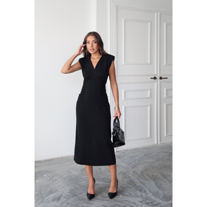 Robe de plongée noire à col en V avec détail de plissé latéral unique pour un look professionnel - Product Image 2