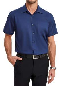 Chemises de bureau formelles pour hommes en tissu 100% coton OEM, boutonnées, manches courtes, chemises habillées unies pour hommes - Product Image 5