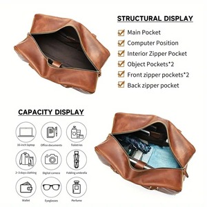 Sac de voyage en cuir véritable vintage léger et portable unisexe, sac de week-end avec compartiment pour ordinateur portable, bandoulière réglable - Product Image 5