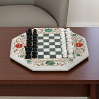 Échiquier octogonal en marbre blanc poli de 12 pouces avec incrustations de cornaline et de malachite, jeu d'échecs en pierre fait main