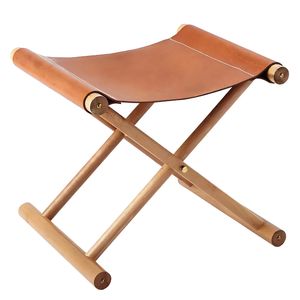 Taburete Plegable de Cuero Artesanal con Estructura de Madera Sólida, Diseño Contemporáneo, Asiento Compacto para Hogar, Sala de Estar, Dormitorio, Hotel - Product Image 1