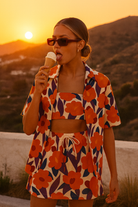 Femmes et filles été Laser Orange et blanc chemise et tube Shorts ensemble coordonné ceinture tissée point culminant bas prix - Product Image 3