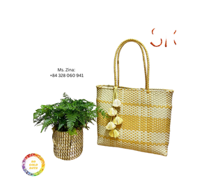 Women's Fashionable Portable Shopping Basket Knitted Plastic <b>Bag</b> with Patchwork and Colorful PP Strap Recyclable Market Basket - Product Image 1