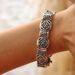 14K Gold and 925 Sterling <b>Silver</b> Antique Flower Pattern <b>Bracelet</b> with Diamond Pearl Religious Style Tennis <b>Charm</b> Tennis Gift - Product Image 1