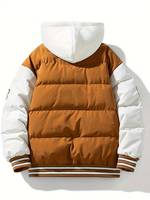 Blouson universitaire chaud pour homme avec capuche, style bomber de baseball, streetwear, fermeture éclair, marron et blanc, vêtement d'extérieur décontracté