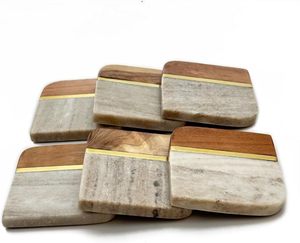 Nouveaux sous-verres carrés en bois élégants et artisanaux, avec incrustation de marbre bicolore, épaisseur 10 mm, personnalisables, tapis sophistiqués - Product Image 4