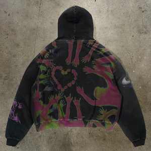 Sudadera con capucha para hombre de 500 g/m² de algodón 100% de alto gramaje, con lavado ácido, térmica para invierno, para fiestas, con apliques de pedrería y parches desgastados, corte holgado - Product Image 5