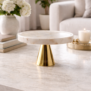 Exhibidor de Pasteles de Mármol Moderno y Lujoso con Base de Latón Dorado, Ecológico y Hecho a Mano, para Bodas, Fiestas, Panaderías, Hoteles y Restaurantes - Product Image 1