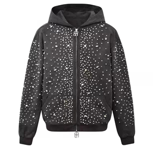 Custom Applique Embroidery Distressed Hoodie Rhinestone <b>Zip</b> <b>up</b> <b>Jacket</b> Acid Wash Vintage Washed Men Fleece Streetwear Hoodie - Product Image 2