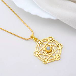Laiton Metatron Cube Pendentif Collier Plaqué Or Pierre De Lune Bijoux Géométrique Sacré Pendentif À La Main En Gros Bijoux - Product Image 6