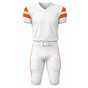 ชุดยูนิฟอร์มอเมริกันฟุตบอลสีขาวล้วนระดับเอลีท: เสื้อแข่งสำหรับทีมมืออาชีพ พร้อมแถบสีส้มโดดเด่นที่แขนเสื้อ และกางเกงบุฟองน้ำ - Product Image 1