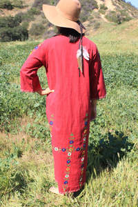 Hand Embroidery Cross Stitch Handmade 100% Cotton <b>A</b>-<b>Line</b> Floral <b>Pattern</b> Tea-Length <b>Dress</b> with V-Neck and Tie Detail - Product Image 2