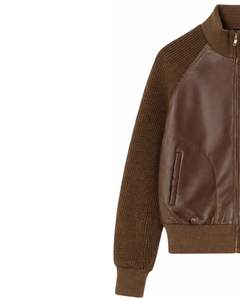 Premium <b>Brown</b> Faux <b>Leather</b> Knit Sleeve Zip Up <b>Jacket</b> For <b>Men</b> Ribbed Collar Casual Winter Outerwear Stylish Fashion Coat Menswear - Product Image 3