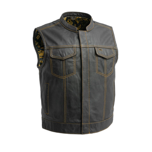 Custom Wholesale Men 2025 Leather <b>Vest</b> <b>Black</b> Yellow Leather Cowskin Biker <b>Vest</b> With Custom logo With Custom logo Printed - Product Image 2