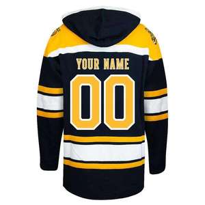 Sudadera con Capucha de Hockey sobre Hielo Personalizada, Uniforme Profesional de Equipo, Negro, Dorado, Blanco, Rayas, Cuello con Cordones, Nombre y Número Personalizados - Product Image 3