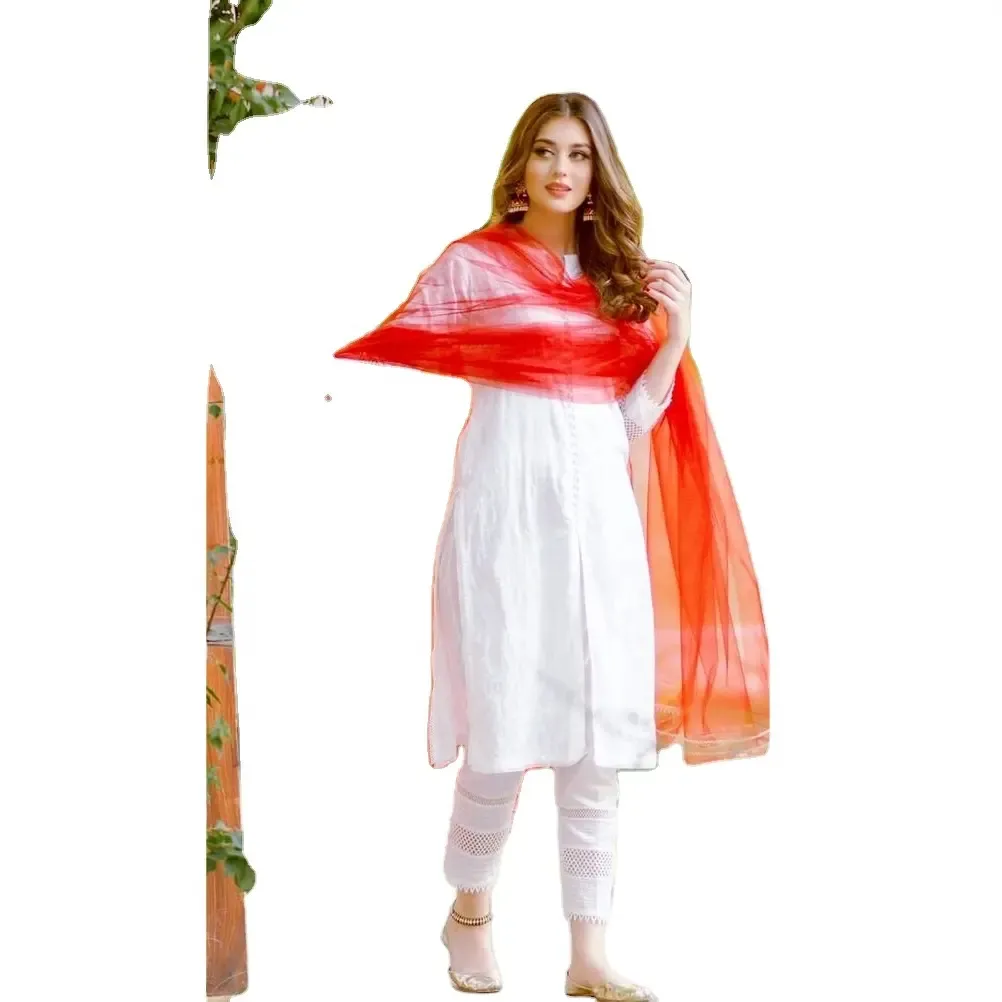 Yeni moda ağır işlemeli pakistan en kaliteli bayanlar 3 parça bayanlar ince keten elbiseler toptan ODM