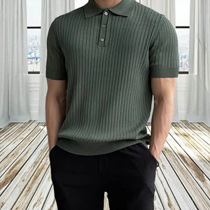 2024 Logo personnalisé Oem & Odm manches courtes câble uni coton rayé tricots tricoté polo personnalisé T-shirt hommes - Product Image 2