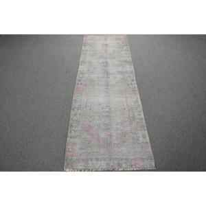 พรมวินเทจตุรกี ขนาด 2.3x7.3 ฟุต (71x223 ซม.) พรมขนสัตว์ลายดอกไม้สีเทา - Product Image 1