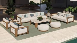 Juego de muebles de salón contemporáneo para exteriores, sofás de madera de teca, mesa de centro y otomanas para elegantes espacios de jardín o terraza - Product Image 2