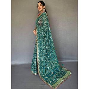 ผ้าซารีจอร์เจียต์พิมพ์ลายสีเขียวทะเลอันล้ำค่า พร้อมเสื้อสำหรับงานเลี้ยงตอนเย็น - Product Image 2