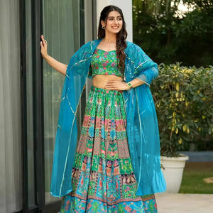 Designer Multicolor Silk LehengaCholi Hand Pasted Siroksi Work Lace Anti-Static Ethnic Wear for Classic <b>Floor</b>-Length Parties - Product Image 1