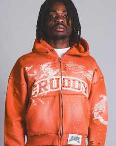 Sweat à capuche personnalisé 100% coton avec logo imprimé d'un poids lourd sur la taille du pull avec bords détruits en strass pour hommes Sweat à capuche décontracté avec fermeture éclair - Product Image 1