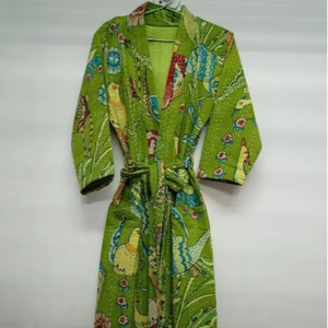 Peignoir long en coton Kantha unisexe fait à la main de luxe Kimono Boho imprimé paon vert Robe cadeau printemps été pour demoiselles d'honneur - Product Image 1
