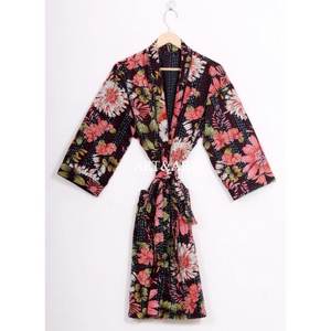 Kimono Kantha Fait Main Été/Hiver/Printemps Imprimé Floral Japonais Bohème Élégant Décontracté Plage Multicolore à Nouer Court - Product Image 5