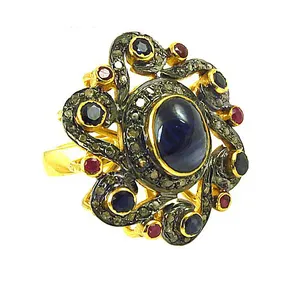 Anillo de Zafiro y Rubí con Diseño Floral y Baño de Oro Oxidado para Mujer, Joyería Moderna y Elegante con Incrustaciones de Acero Inoxidable - Product Image 2
