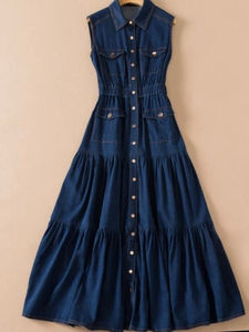 Robe longue en jean sans manches à boutons vintage pour femme, coupe élégante et ajustée avec ceinture, design respirant - Product Image 5