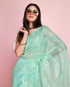 NEW TRENDING CORDING SEQUENCE <b>SAREE</b> UNIQUE OUTFIT SEQUENCE EMBROIDERED WORK <b>SAREE</b> on ORGANZA WITH HEAVY WORK <b>BLOUSE</b> M CREATION - Product Image 6