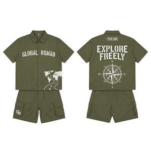 Ensemble deux pièces en jean unisexe personnalisé, décontracté, confortable, streetwear, chemise boutonnée en coton, short en jean, costume en jean pour homme - Product Image 1