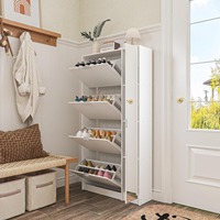 Meuble à chaussures minimaliste extensible en bois blanc avec miroir, 4 tiroirs rabattables, étagère latérale modulaire pour entrée, chambre, couloir