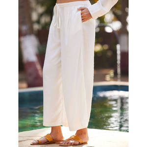 Casual Flare <b>Palazzo</b> <b>Pants</b> Breathable Knitted Viscose Slub Solid Winter <b>White</b> - Product Image 2