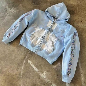 Sudadera con capucha de diamantes de imitación lavado ácido de moda para mujer, algodón transpirable con cremallera, moda callejera con detalles en purpurina - Product Image 3