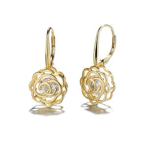 Orecchini a perno con rosa incorniciata in oro 14K e cristalli - Product Image 1